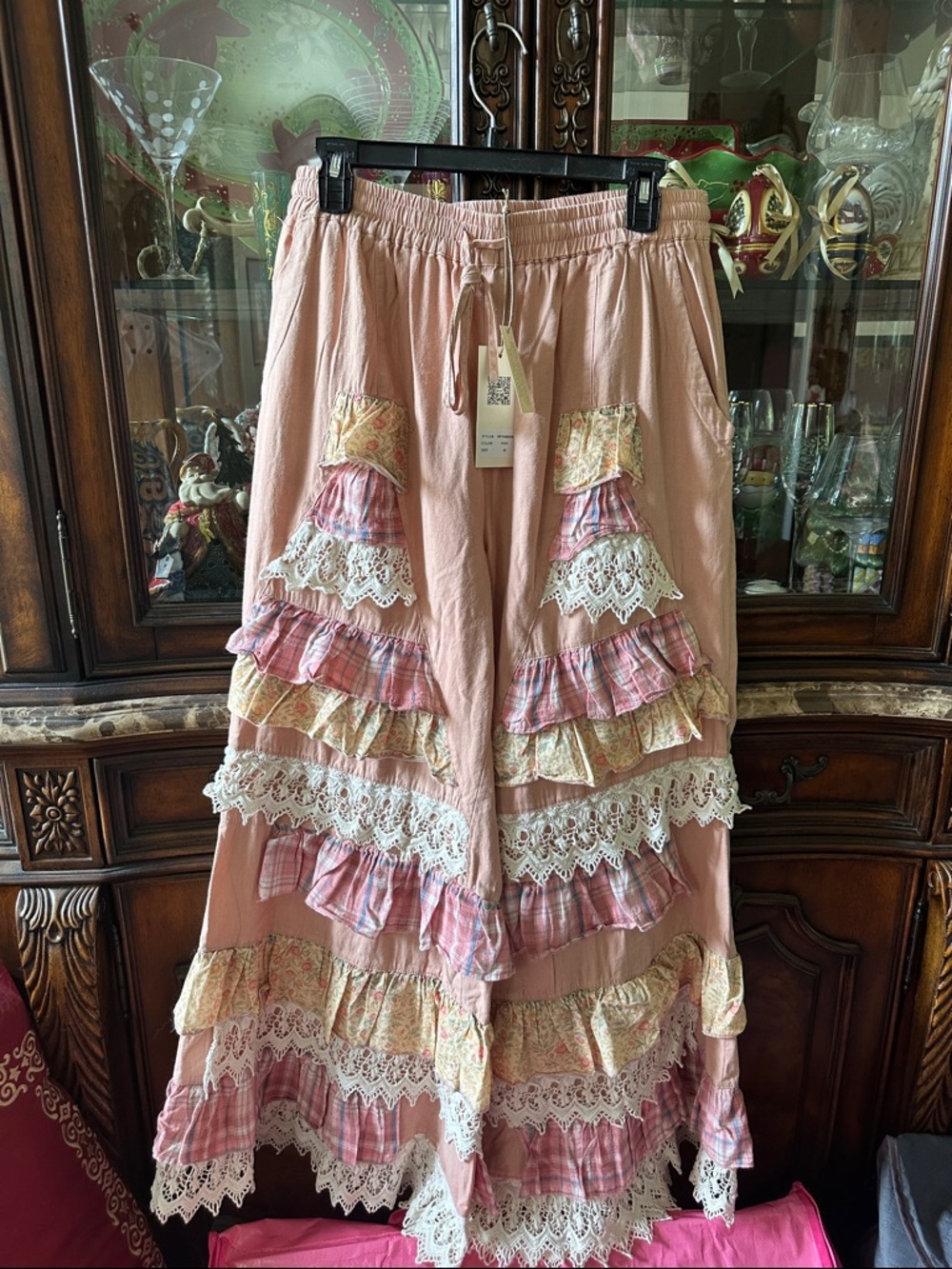 Bluevelvet Boho Pink Ruffle Tiered wide leg pants with Lace